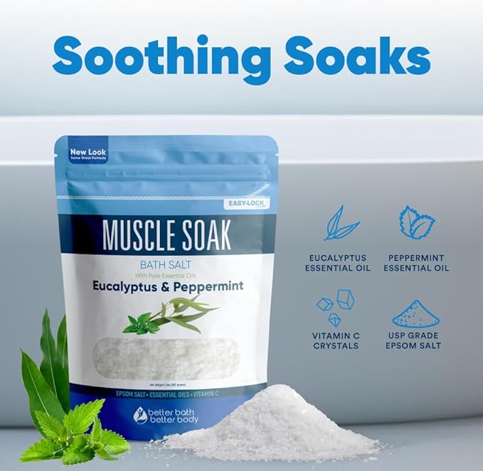Muscle Soak Bath Salt 32 Ounces Epsom Salt with Natural Peppermint and Eucalyptus Essential Oils Plus Vitamin C in BPA Free Pouch with Easy Press-Lock Seal