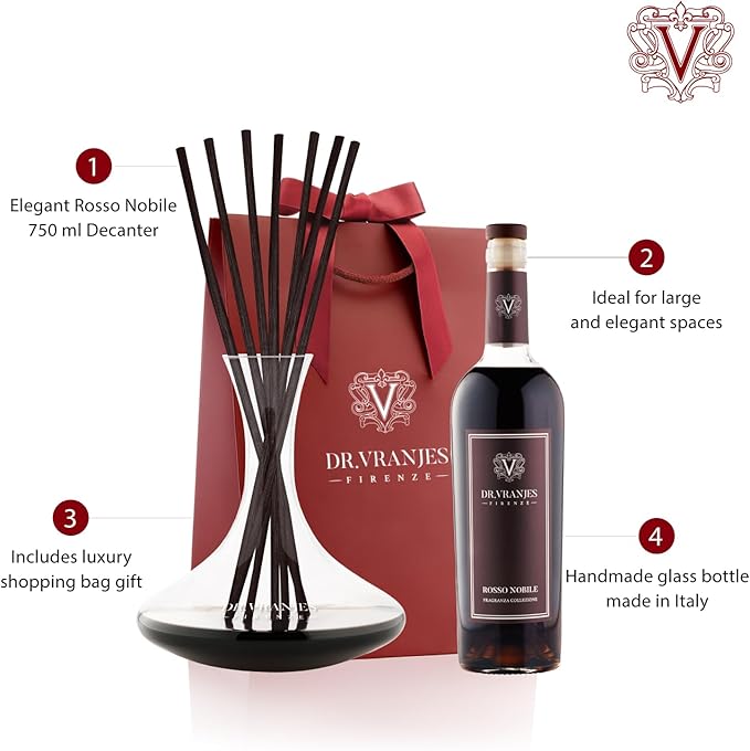 Dr. Vranjes - Rosso Nobile 750 ml Decanter & Bordeaux Bottle + Shopping Bag - Luxury Home Fragrance Set, Made in Italy, Main Scent: Fruity & Red Wine