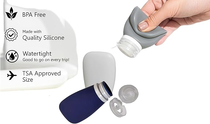 Travel Bottles for Toiletries, TSA Approved 3oz Leak Proof Silicone Refillable Squeeze Travel Size Containers BPA Free for Cleansers, Lotions, Shampoo 4pk-With Bag (P,G,Blk,BL)