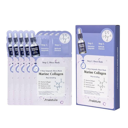 Naisture 3 Step Ampoule Mask with Marine Collagen: Hydrating Set for Skin Elasticity, Smoothing, and Moisture. Korean Skincare Kit with Ampoule, Sheet Mask, and Essence (5 pcs)