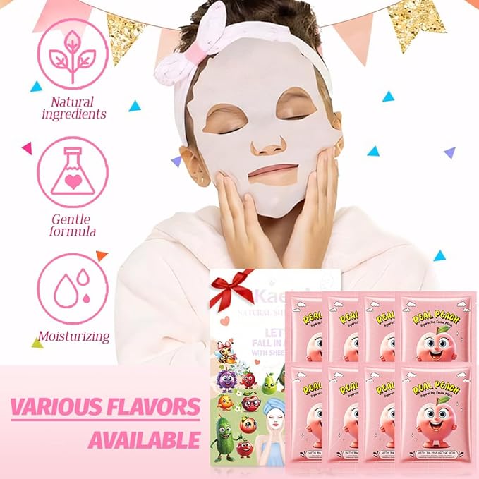8 Pack Peach Kids Face Mask,Pink Face Masks Skincare Spa Day Kit Supplies,Spa Party Favors for Teens Girls Women,Sheet Facial Mask Skincare Gifts Set,Moisturize Soothe for All Skin Types