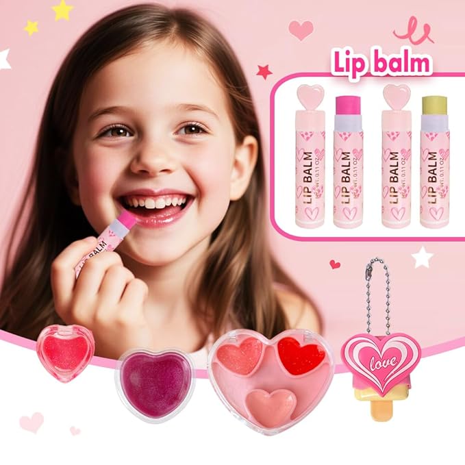 6-in-1 Heart Shine Lip gloss Set - 2 Lip Balms and Make Up Set and Magic Charm Bracelet | Girls Birthday Gift Box with Ice Cream Surprise Non Toxic, Party Favours