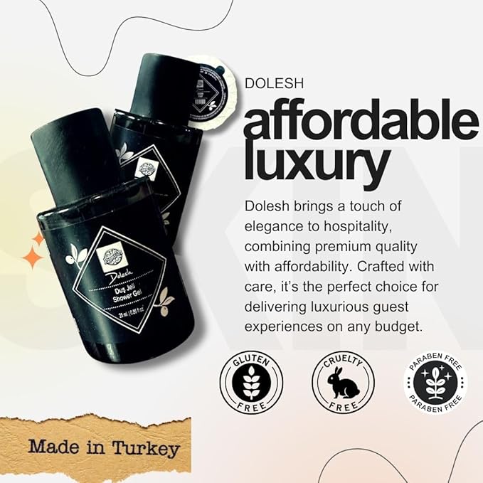 Dolesh by Roomsium 30-Piece Hotel Toiletries Set – Travel-Size Shampoo, Shower Gel & Soap – 0.85 fl oz Bottles & 15g Soaps – Paraben-Free, Cruelty-Free, Elegant Black Guest Amenities