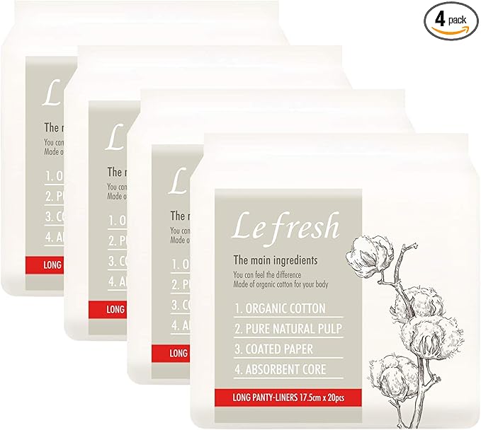 Lefresh Organic Cotton Cover Panty Liners | Long, 80 Count | Unscented - Vegan - Chlorine Free - Daily Feminine Pads - Light Absorbency