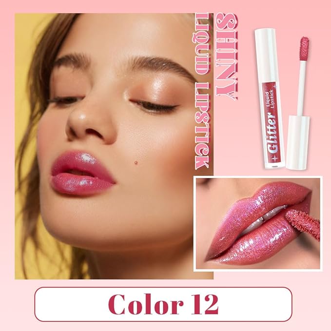 Dark Pink Metallic Lipstick for Women,Lightweight Glitter Sparkling Liquid Lipsticks,Shimmer Lip Gloss Stain Long Lasting Waterproof Smudge Proof Non-Drying 24 Hour Full Coverage Lip Makeup,Vegan