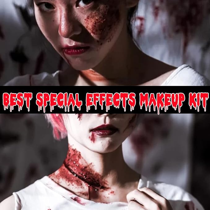 Bowitzki Halloween Makeup Set Special Effects Kit Cream Face Paint Water Based Liquid Latex Fake Blood Brush Sponges Body Painting SFX Zombie Vampire Monster Christmas Party (No Scar Wax)