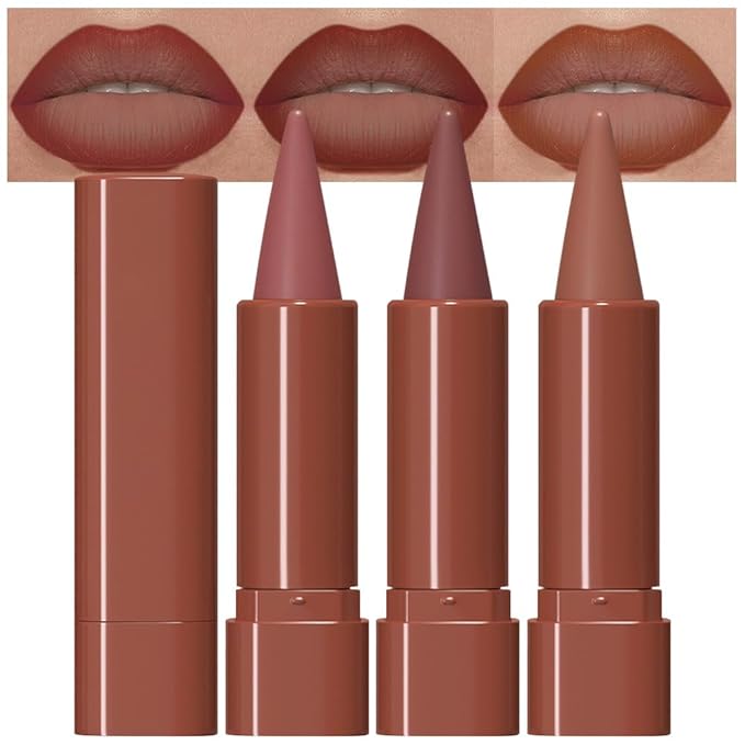 evpct 3Pcs Red Reddish Nude Brown Gradient Matte Lipstick Lip Liner Crayon Combo Pencil Set for Women Long Lasting Waterproof, Cream Lip Liner and Lipstick Combo Makeup，Flawless Gradual Ombre Effect