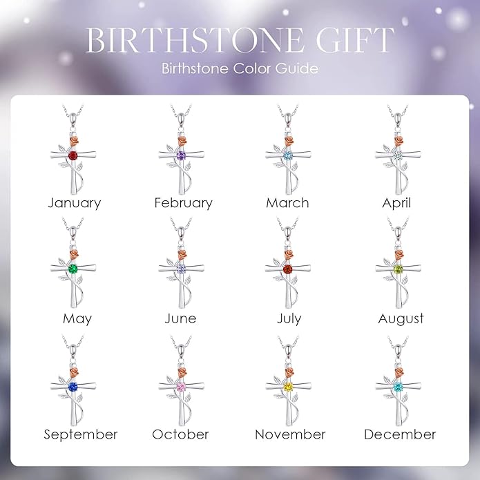 Cross Necklace for Women, 925 Sterling Silver Birthstone Necklace for Women with Rose Flower Birthstone Womens Jewelry Birthday Gifts for Wife Women