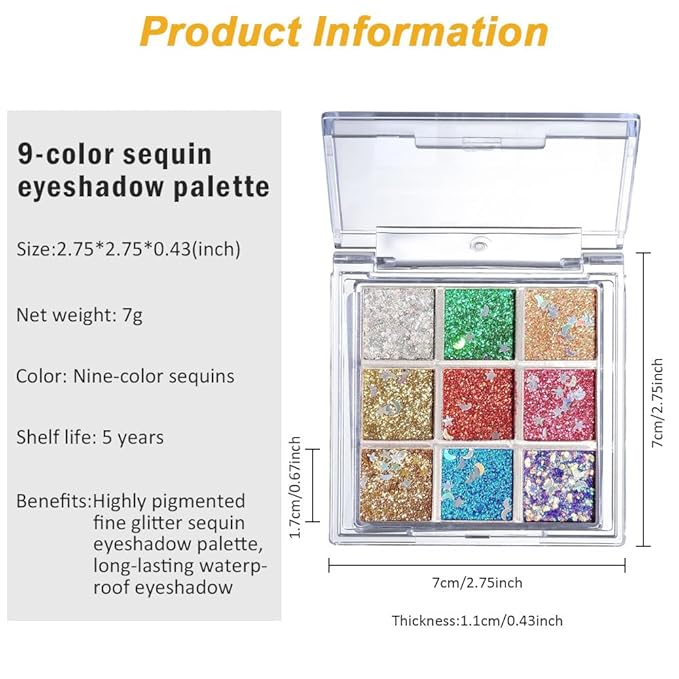 AMY'S DIARY 9 Colors Pressed Glitter Eyeshadow Palette Glitter Silver Blue Purple Gold Eyeshadow Palette, Glitter Daily Party Sparkling Eye Face Makeup Cosmetics (D1)