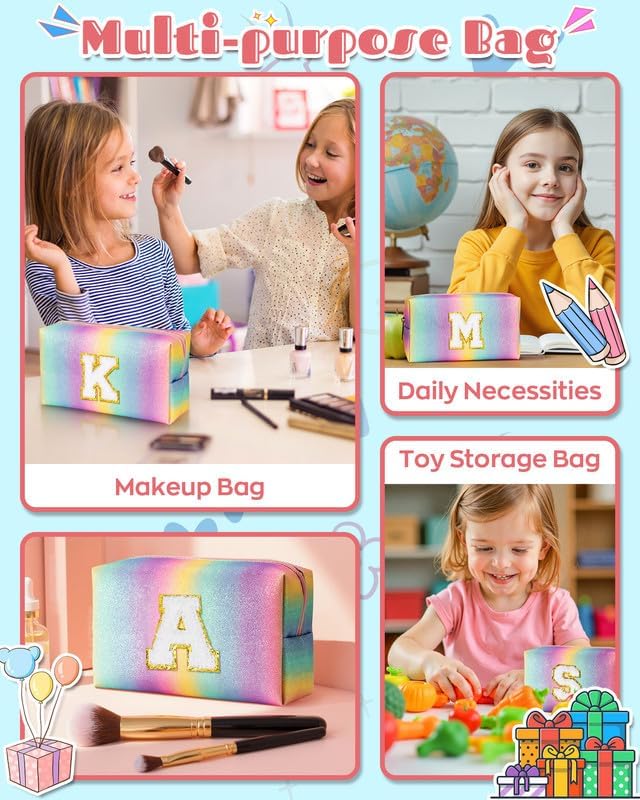 Initial Cosmetic Bag for Girls Kids Women, Preppy Makeup Bag with Zipper, Monogrammed Birthday Gifts for Preteens Teens, Cute Things for Daughter Granddaughter Friends Sister Neighbor (Small)