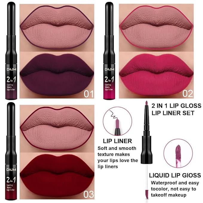 3Pcs 2 in 1 Dark Plum Purple Rose Dark Red Lip Liner and Liquid Lipstick Stain Makeup Set for women, Long Lasting Smudge Proof Lip Tint Matte Finish Lip Gloss for All-Day Color Hold Easy to Use, Set01
