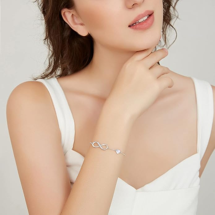 CDE Infinity Heart Birthstone Charm Link Bracelet for Women 925 Sterling Silver Adjustable Mother's Day Gift Anniversary Birthday Jewelry for Wife Girlfriend Her