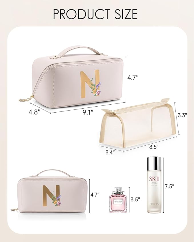 Vlando Gift Ideas for Women,Large Makeup Storage Bag,Birthday Gifts for Girls,Travel Toiletry Bag Skincare Bag for Women Girlfriend Wife Bridesmaid Teenage(Letter N)