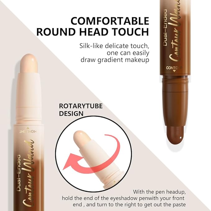 2Pcs Cream Contour Stick Face Body Makeup Dual Ended, Nude Light Beige & Nude Brown no Transfer Waterproof 2 in 1 Cream Concealer Stick Contouring Makeup Set, Nose Contour Bronzer Sticks Highlighter