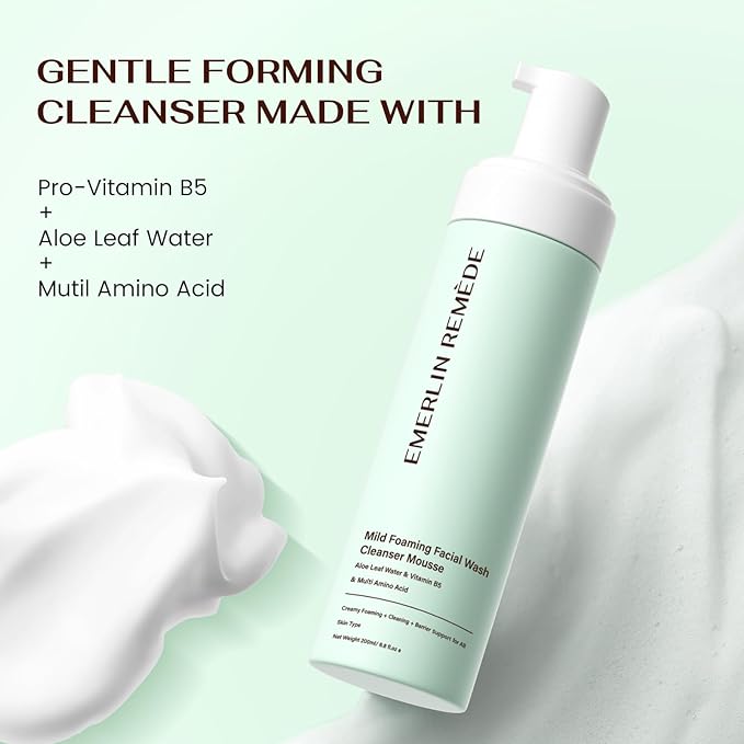 Mild Foaming Facial Wash Cleanser Mousse with Aloe Leaf Water, Amino Acids & Vitamin B5, Gentle Hydrating Face Wash for All Skin Types, 200ml