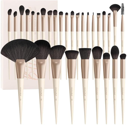 Docolor Makeup Brushes Set Professional 30Pcs Makeup Brushes Premium Synthetic Powder Kabuki Foundation Contour Blush Concealer Eye Shadow Blending Eyeliner Crease Eyebrow Make Up Brush Kit - Beige