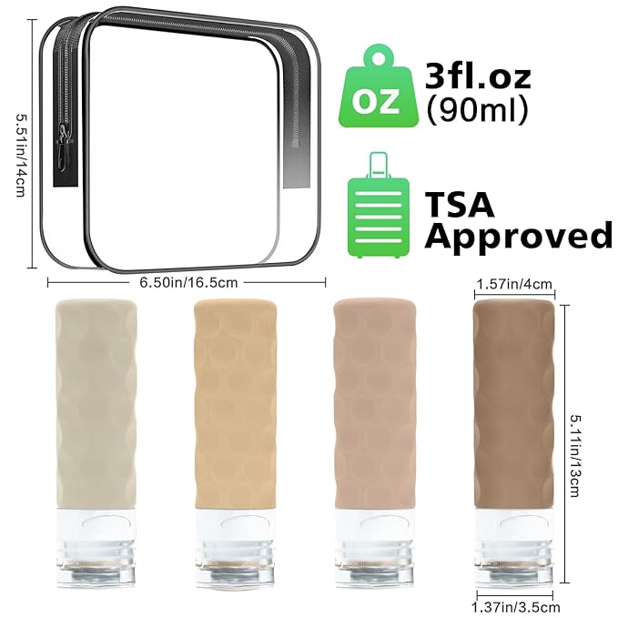 Travel Bottles for Toiletries, 4pcs Tsa Approved 3oz Travel Size Containers, BPA Free Leak Proof Premium Silicone Bottles, Refillable Liquid Squeezable Accessories W/Toiletry Bag(Cream)