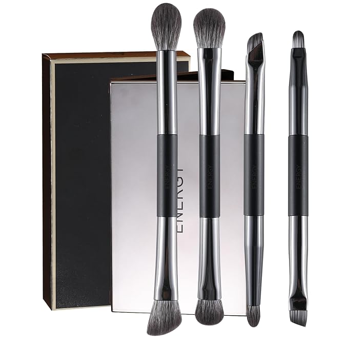 ENERGY Travel Eye Makeup Brush Set Eyeshadow Eye Blending Eyeliner Under Eye Concealer Eye Brow Smudge Makeup Kit with Portable Compact Mirror Case Double ended Makeup Brushes 4PCS
