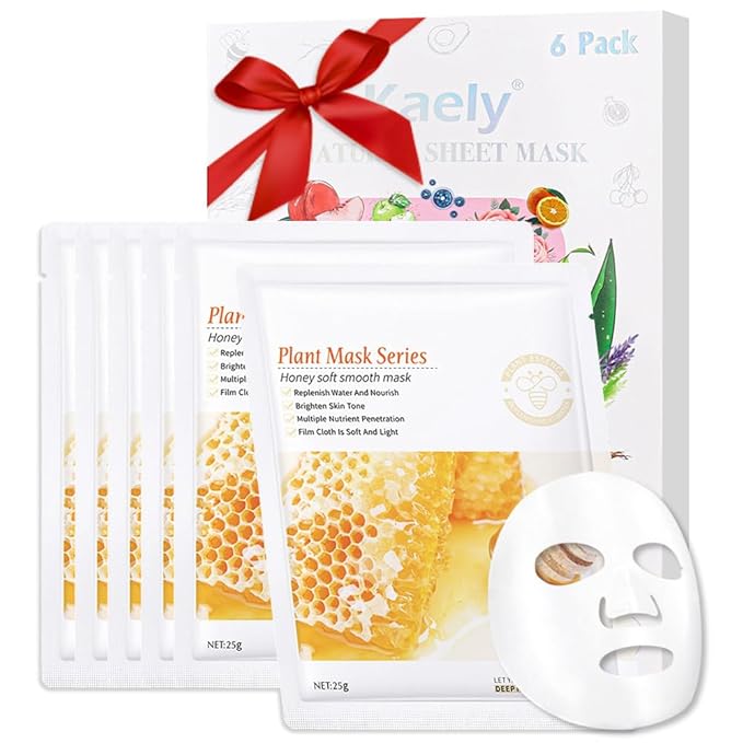 6 PCS Real Hydrating Nature Face Masks Skincare, Hyaluronic Acid, Vitamin C and E, Chamomile, Korean Beauty Essence Facial Paper Sheet Mask for Skin Care Moisturizing (Honey)
