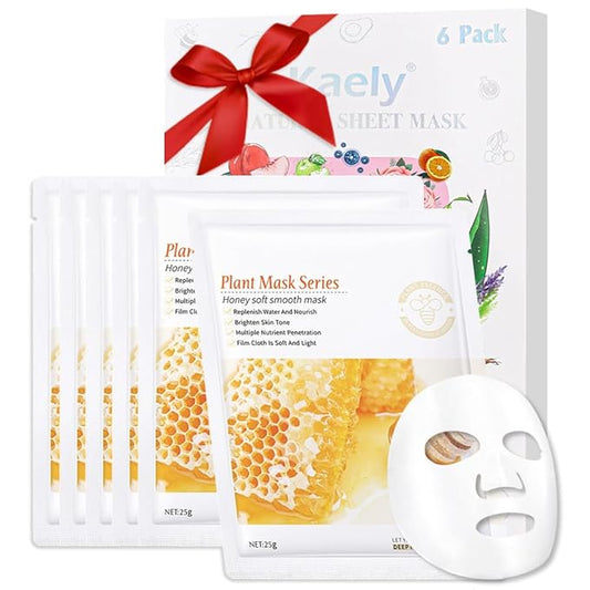 6 PCS Real Hydrating Nature Face Masks Skincare, Hyaluronic Acid, Vitamin C and E, Chamomile, Korean Beauty Essence Facial Paper Sheet Mask for Skin Care Moisturizing (Honey)