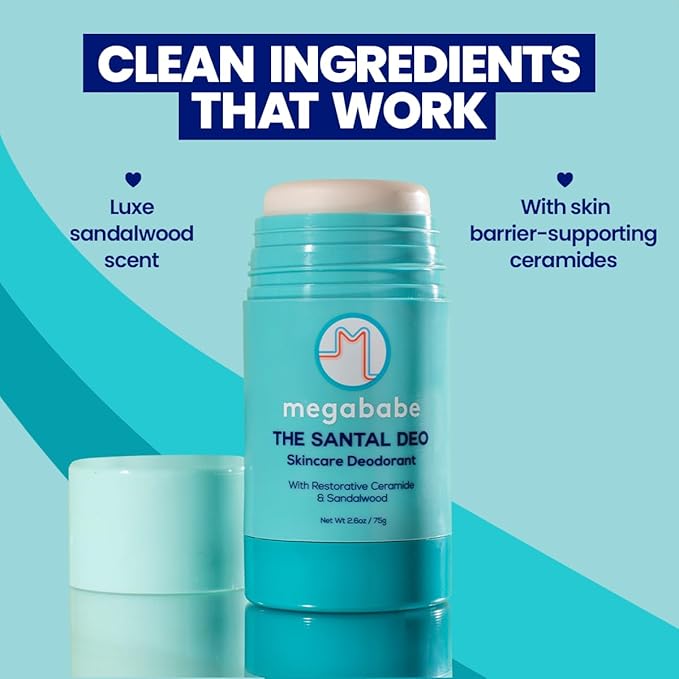 Megababe Skincare Deodorant - The Santal Deo with 72 hour Odor Protection | Restorative Ceramide & Sandalwood | Aluminum-Free, All Natural | 2.6 oz