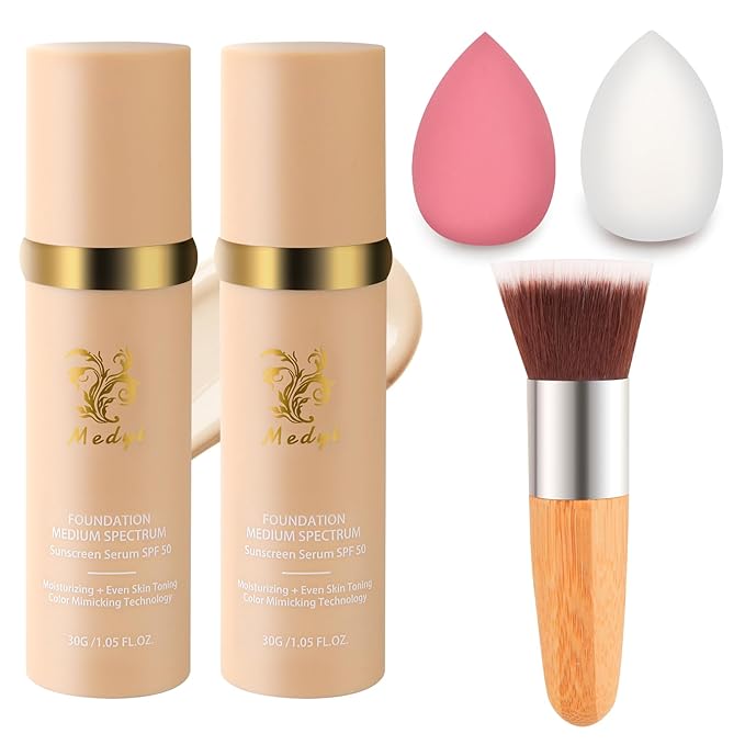 Foundation Medium 4-in-1 Color-Shifting Spectrum Foundation Concealer, Long-Lasting, Skincare, Suitable for Various Skin Types, Set Includes Foundation Brush and Sponge (2 Pack)