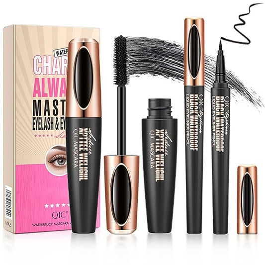 4D Silk Fiber Lash Mascara & Eyeliner Pen, Extension Voluminous Fiber Mascara Waterproof & Smudge-Proof Eyeliner, Long-Lasting No Flaking Natural No Clumping, All Day Exquisitely Full