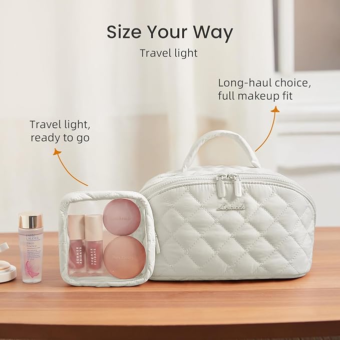 LOVEVOOK Travel Makeup Bag for Women, 2Pcs Set Puffer Waterproof Cosmetic Organizer, Large Capacity Pouch Open Flat Toiletry Bag with Divider & Handle, Portable Gift for Her, Green