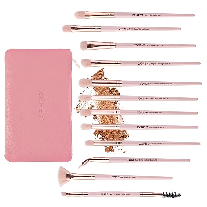 Z'OREYA Eye Makeup Brushes, 12 Pcs Professional Eye Brush Set Eyeshadow, Eyebrow, Blending, Fan, Eyelash Brushes Set With Carrying Bag (Pink)
