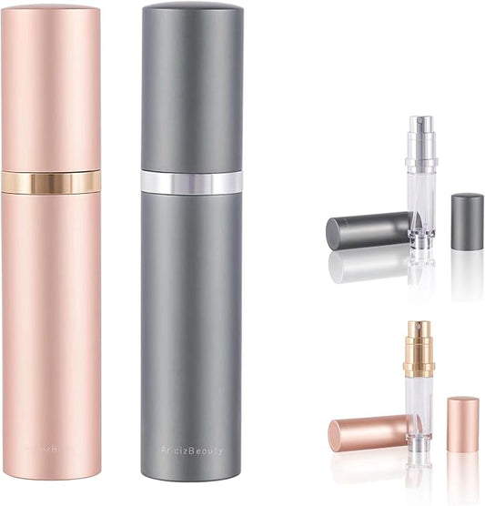 Travel Refillable Perfume Fragrance Atomizer 0.17fl.oz/5ml. Cologne Pocket Recyclable Portable Sprayer Bottle. Mini Scent Pump Case Dispenser Perfume Container (DEEP GREY + ROSE GOLD)