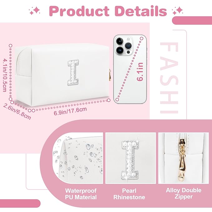 Bride Gifts – Personalized Initial Makeup Bag with Pearl Rhinestone Patch, Preppy White Monogram Cosmetic/Toiletry Pouch, bridesmaid Gifts, Bridal Shower Gifts, Wedding Gifts, Bridal Gifts,I