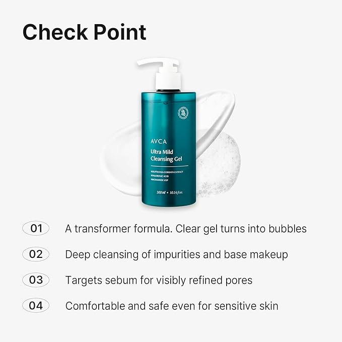 AVCA Ultra Mild Cleansing Gel Face Wash 300 mL (10.14 fl oz) - Gentle Hydrating Cleanser, Hyaluronic Acid & Niacinamide, Heartleaf Extract, Low-Irritation Foaming Rinse