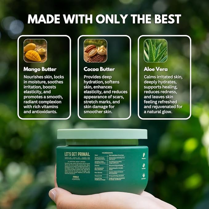 PRIMALS All Natural Body Lotion - Cocoa Butter & Mango Butter - 100% Naturally Derived Ingredients - Alcohol Free, Artificial Fragrance Free, Paraben Free, Petroleum Derivative Free - 8.45 oz