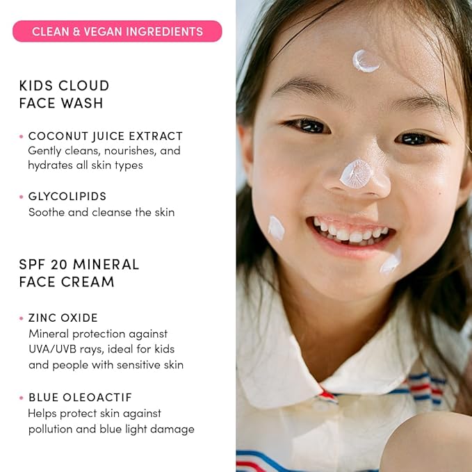 Kids Happy Morning DUO: Clean & Vegan Skin Care for Kids Bundle | Skin Care Cloud Face Wash + SPF 20 Mineral Face Cream | Non-Toxic | Non-Comedogenic | Fun | Easy-to-Use Skincare