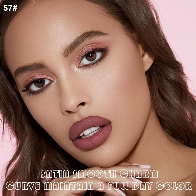 AMY'S DIARY 2Pcs Rosewood Brown Matte Lip Liner and Lipstick Makeup Set, Green Lip Stain Lip Gloss Matt Liquid Lipstick 24H Long Lasting lapiz labiales mate 24 horas originales larga duracion (57#)