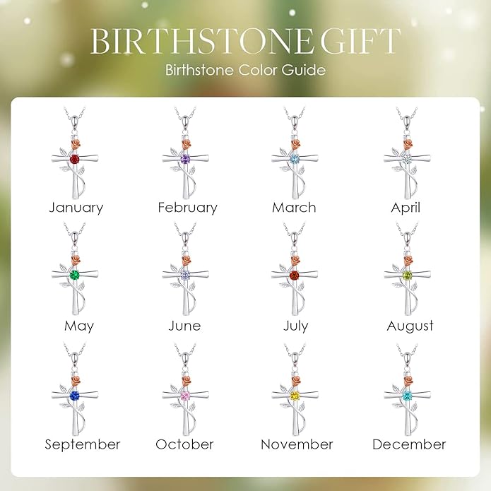 Cross Necklace for Women, 925 Sterling Silver Birthstone Necklace for Women with Rose Flower Birthstone Womens Jewelry Birthday Gifts for Wife Women