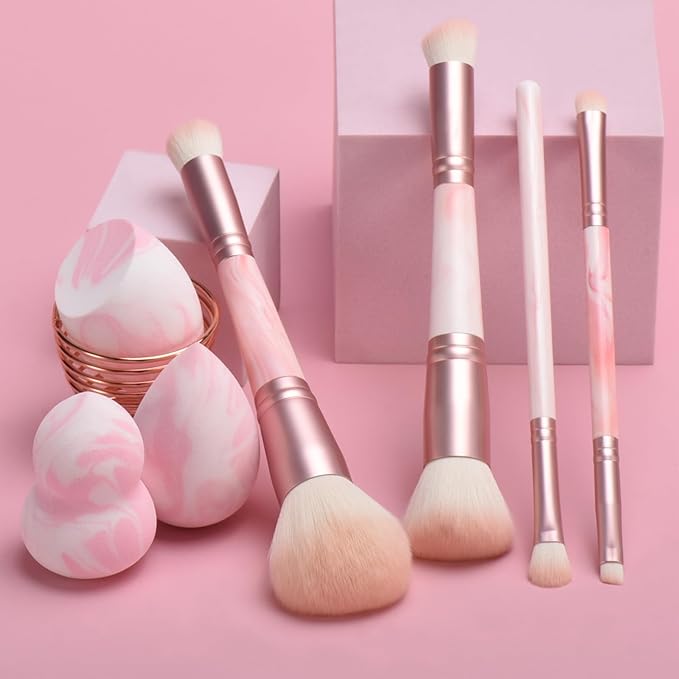 4PCS Pink Dual-Ended Makeup Brushes & Blending Sponge Set, Professional Foundation Concealer Eyeshadow Kabuki Brush with, for Liquid Powder Cream, Vegan & Cruelty-Free