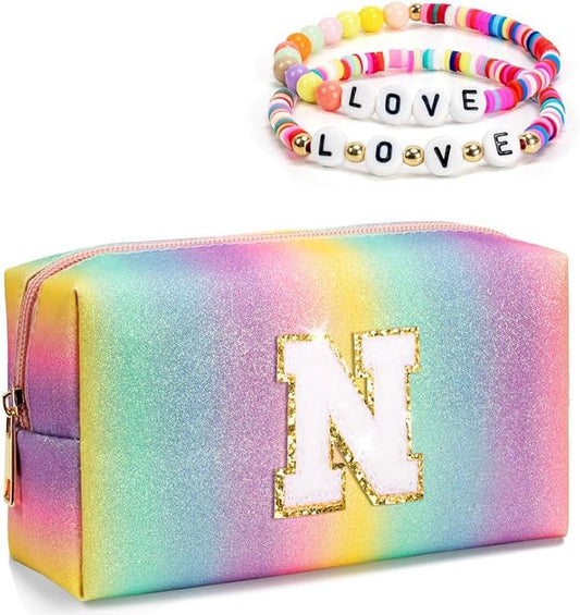 Monogrammed Gifts for Women Girl Kids, Preppy Vanity Bag, Makeup Travel Toiletry Bag with Zipper, Personalized Birthday Gift, Bridal Shower Gift, Flower Girls Gift (Small)