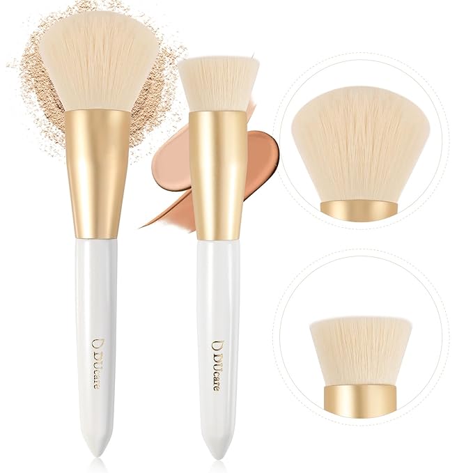 DUcare Foundation Brush and Power Brush Makeup Brushes Set 2Pcs, Premium Flat Top Kabuki Brush, Fluffy Large Makeup Brush With Soft Synthetic Bristles For Quick Makeup Setting and Blush