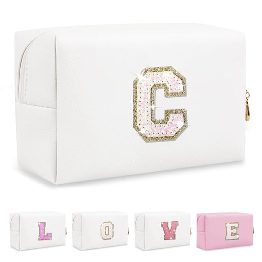 Small Initial Patch Makeup Bag Personalized Gifts Make Up Bag,White Cute PU Leather Glitter Letter Cosmetic Bag with Zipper,Trendy Portable Travel Toiletry Pouch,Preppy Stuff for Teen Girls Women C