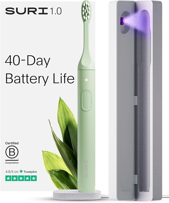 SURI 1.0 Sonic Electric Toothbrush with UV Cleaning Travel Case | 1 Month+ Battery | Designed in California | Electric Toothbrush for Adults | Travel Toothbrushes | Tooth Brush | Green