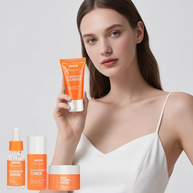 4 Pieces Vitamin C Facial Skin Care Set Gift Set Travel Size Kit,Skin Refreshing, Nourishing, Visibly Improve Tone, Enhance Radiance, Gift Set Travel Size Kit