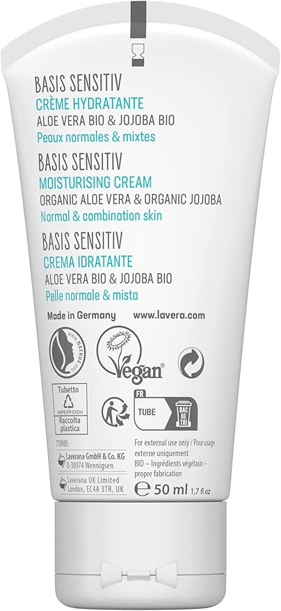lavera Basis Sensitive Moisturizing Cream – Organic & Vegan Face Moisturizer with Aloe Vera & Shea Butter - Natural Skin Care for All Skin Types - 1.69 Fl Oz