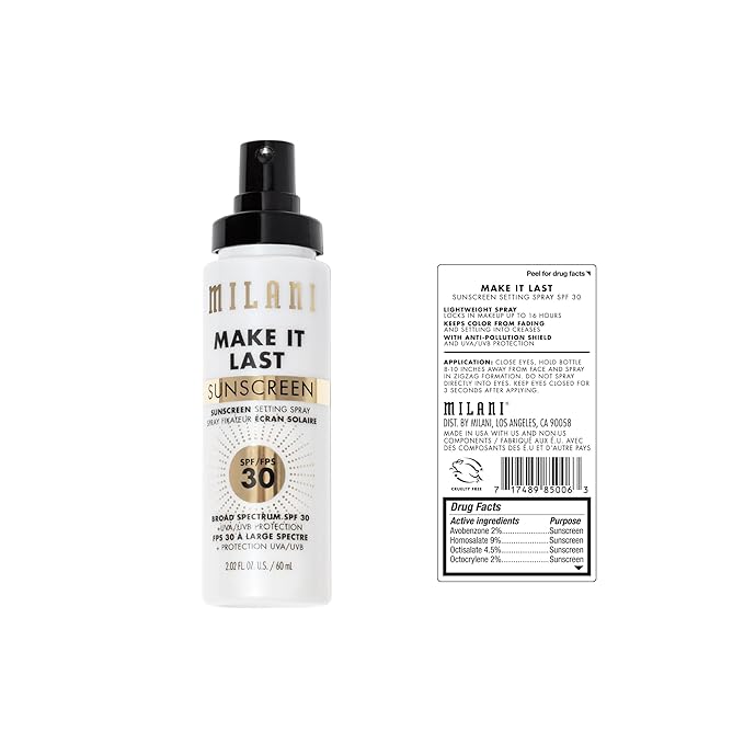 Milani Sunscreen Setting Spray + Primer, Make It Last Sunscreen for Face- SPF 30 UVA & UVB Protection Antioxidant Rich Formula for Broad Spectrum Protection, Prime + Set + Protect, 2.02Fl. Oz
