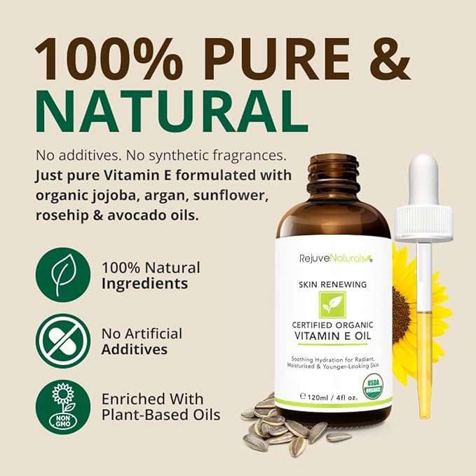 Vitamin E Oil - 100% All Natural & USDA Organic (LARGE 4oz Bottle) Repair Dry, Damaged Skin from Surgery & Acne, Age Spots & Wrinkles. For Radiant, Hydrated & Youthful Skin. Face & Body Moisturizer