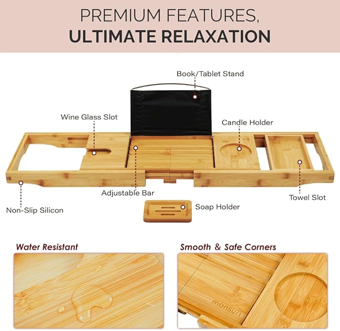 Foldable Bamboo Bathtub Tray Caddy - Expandable Bath Tray for Tub | Secure, Non-Slip Bathtub Caddy Tray for Tub for Bath Accessories, Bath Stuff – Perfect Relaxing Gifts for Women and Spa Gift Set