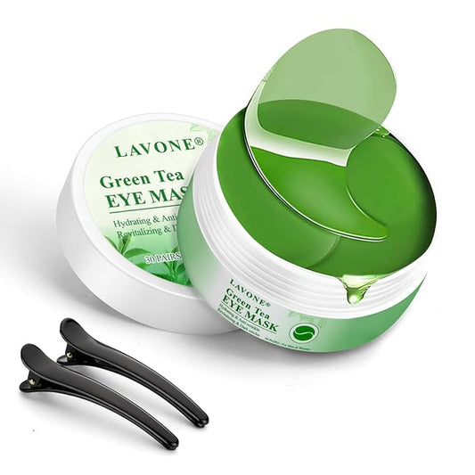 Eye Mask - 30 Pairs Green Tea Eye Patches Skin Care Products for Dark Circles and Puffiness, Reduce Wrinkles and Fine Lines, Eye Patches for Women and Man,with Hair Clips