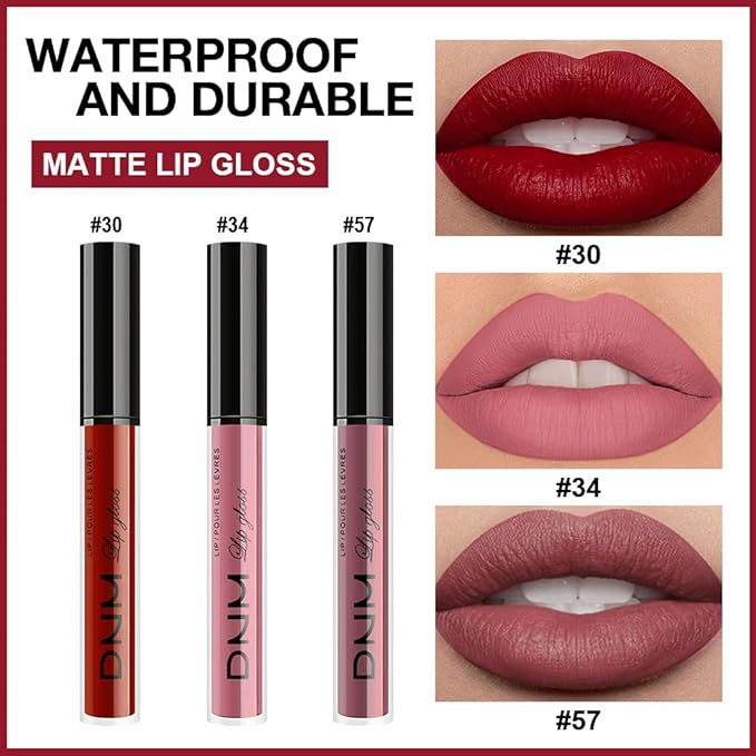 AMY'S DIARY 3Pcs Matte Liquid Lipstick Set, Classic Red Soft Pink Nude Rosewood Mauve Lip Stain Kit, LipStain Long Lasting 24 Non-Transfer Lip Gloss, Waterproof Lip Makeup for Women Lippies