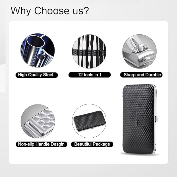 ZIZZON Manicure, Pedicure Kit, Nail Clippers Set of 12Pcs, Professional Grooming Kit, Nail Tools with Luxurious Travel Case Black