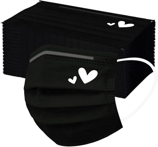 50pcs Cute Disposable Face Masks, Pink And Black Masks with Hearts Printed, 3-Ply Full Face Protection for Women Teen Girls